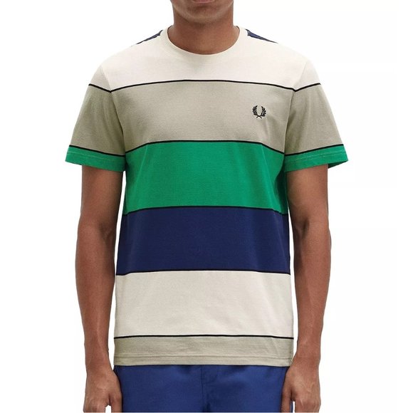 Fred Perry Men's Short Sleeve Bold Striped Crewneck Tee Shirt M5608 Seagrass - Picture 3 of 6